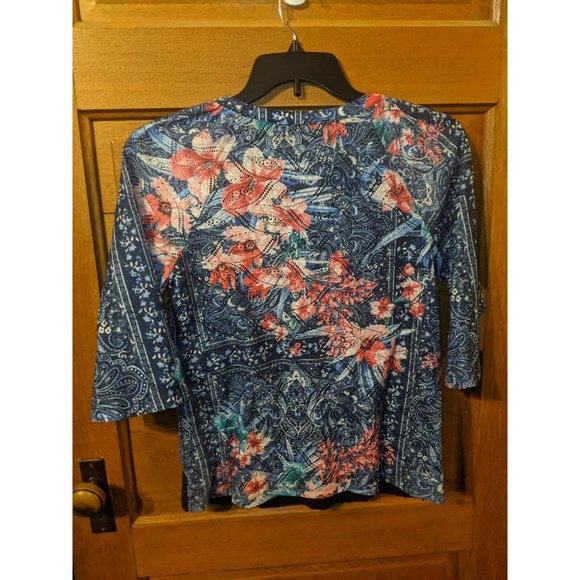 CJ Banks Size S Lace Lined Body Stretch Knit Top Blouse Shirt Floral Blue Boho - Picture 2 of 5